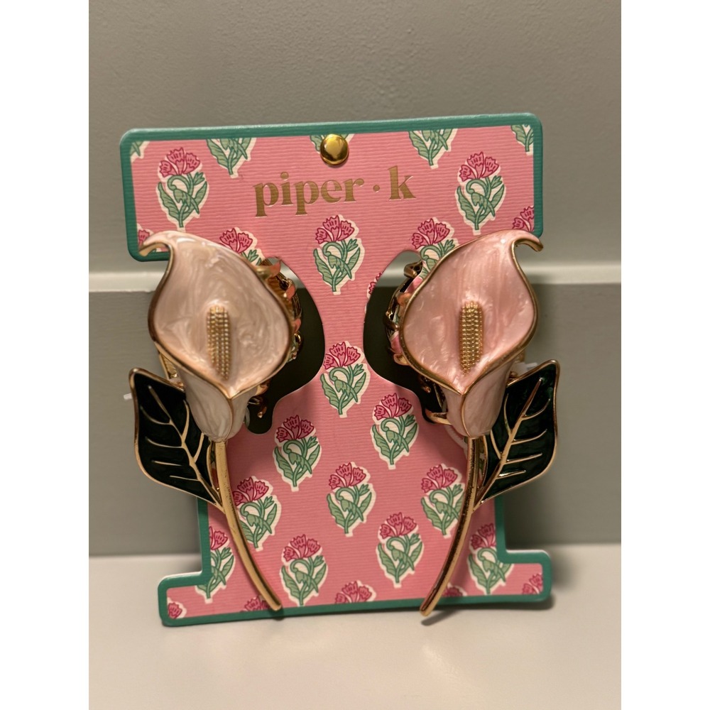 Piper K Calla Lily Hair Claw Clips Set of 2 Pink White Gold Tone Floral Enamel